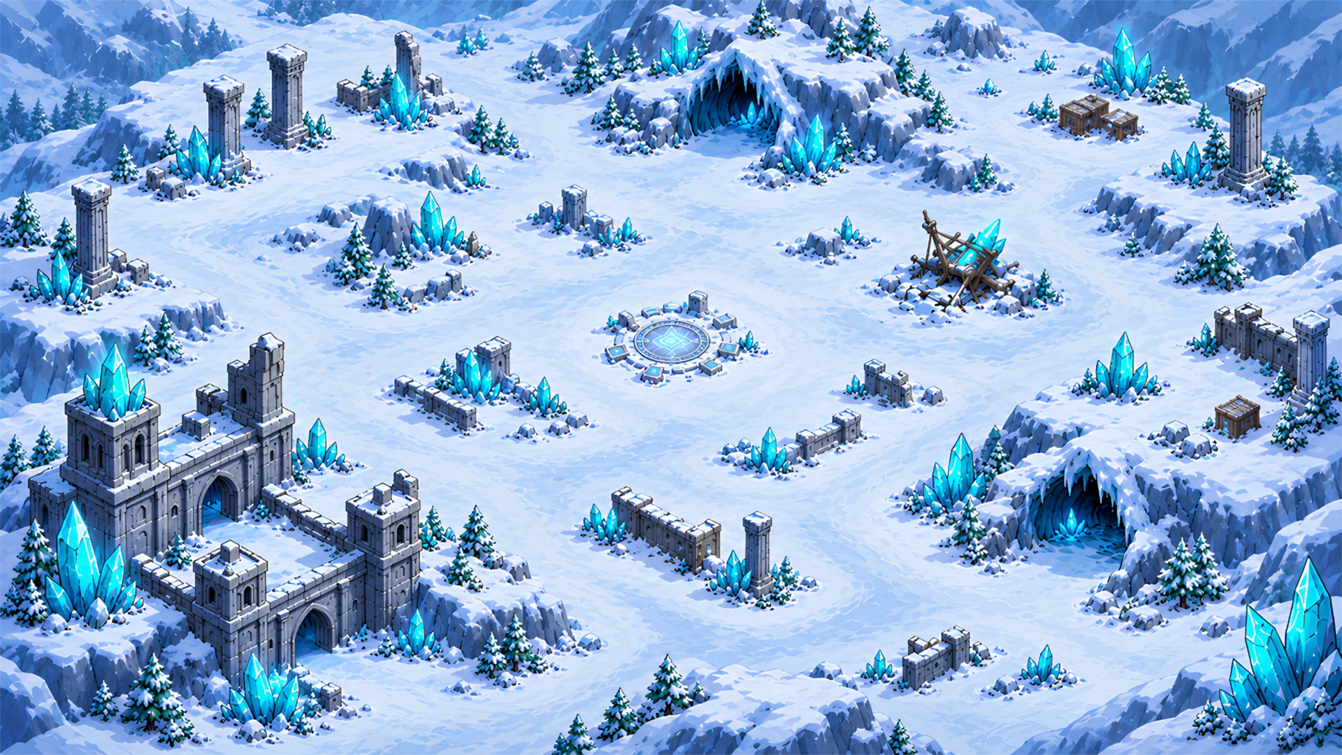 Snow-covered ruins and blue crystals in Frost Veil
