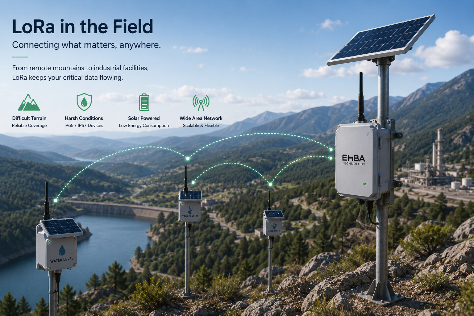 EHBA field-system concept showing solar-supported sensors and wireless links across a mountainous landscape