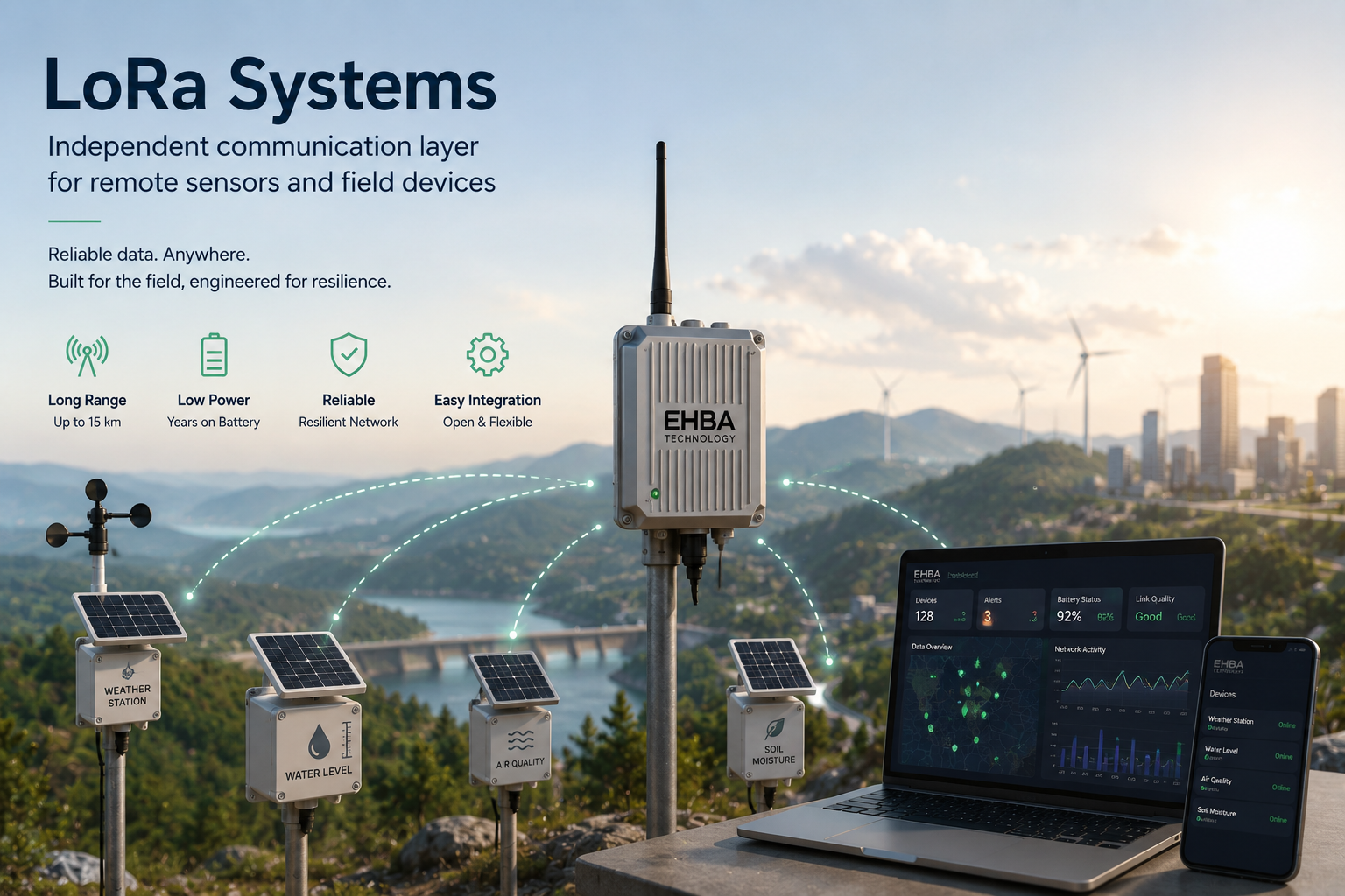 EHBA LoRa concept connecting environmental sensors with a gateway and monitoring applications