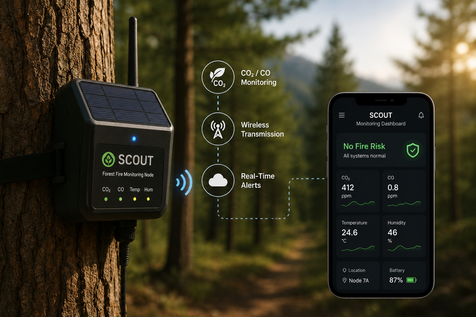 SCOUT forest-monitoring concept with solar-supported sensor nodes and a monitoring interface
