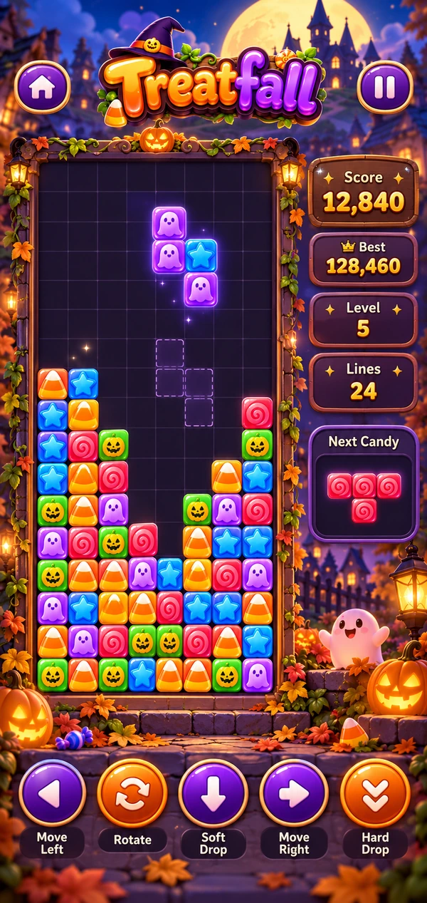 Treatfall candy-board artwork with colorful falling sweets, a ghost and score panels