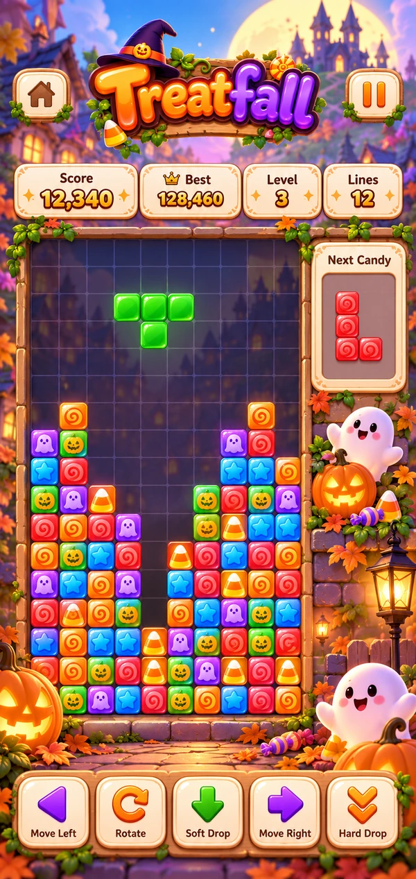 Treatfall candy puzzle artwork showing rows, matching candy groups and touch controls