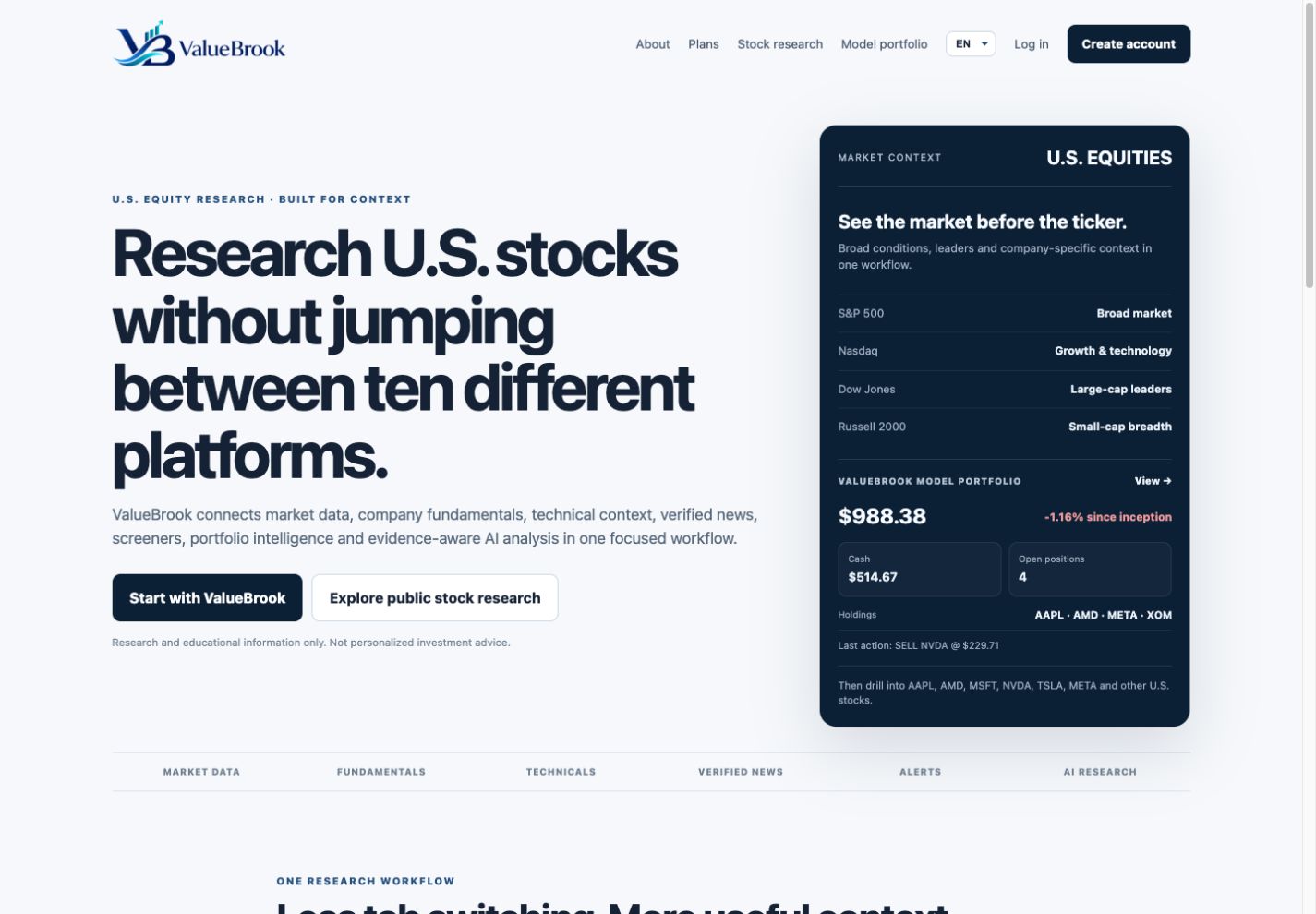ValueBrook website introducing U.S. equity research tools
