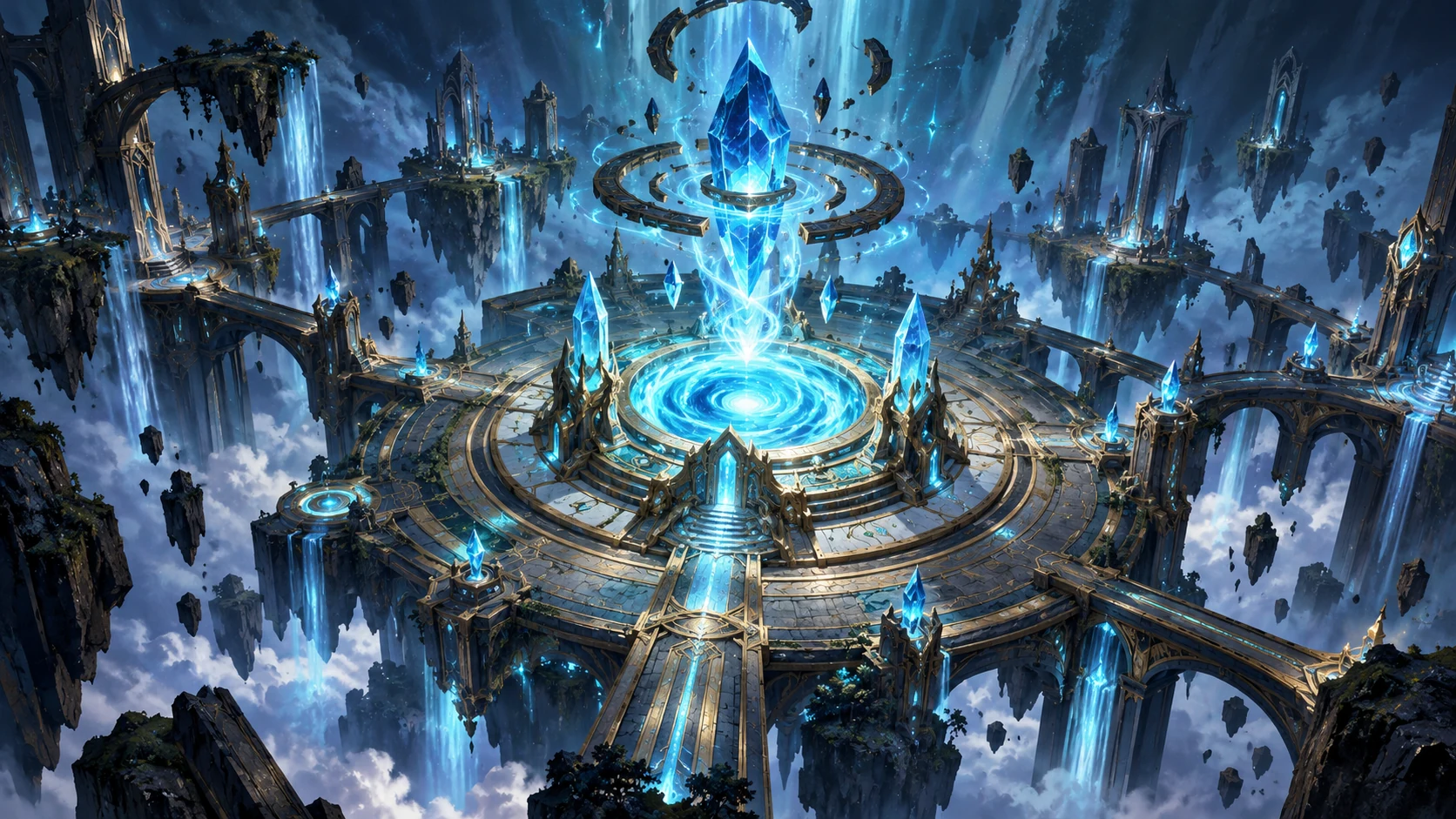 A luminous crystal above the floating ruins of Zyllon